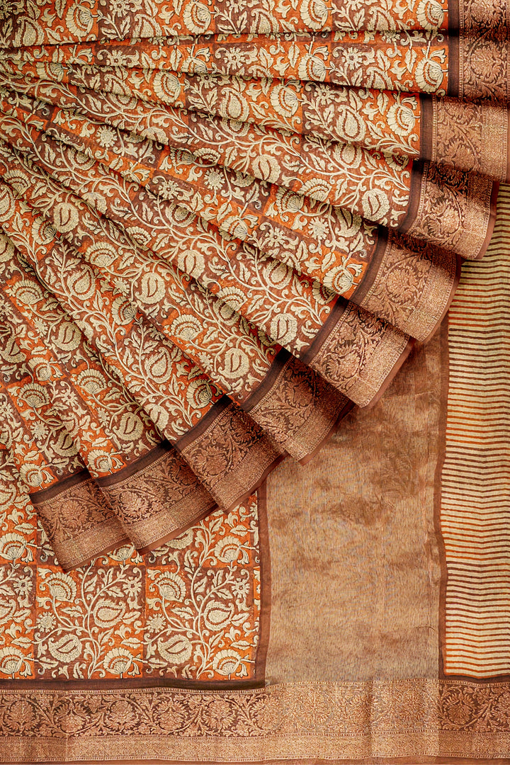 BROWN BLENDED CHANDERI COTTON BLOCK PRINT BANARASI HANDLOOM SAREE