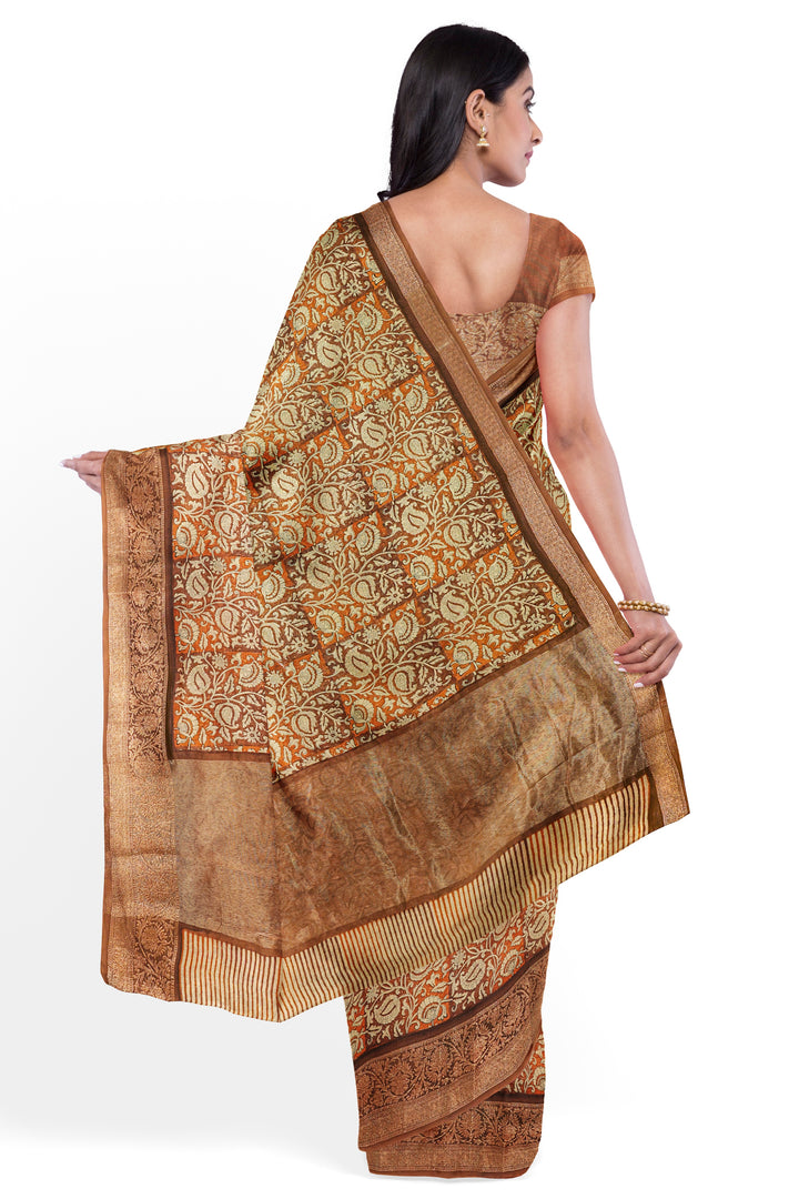 BROWN BLENDED CHANDERI COTTON BLOCK PRINT BANARASI HANDLOOM SAREE