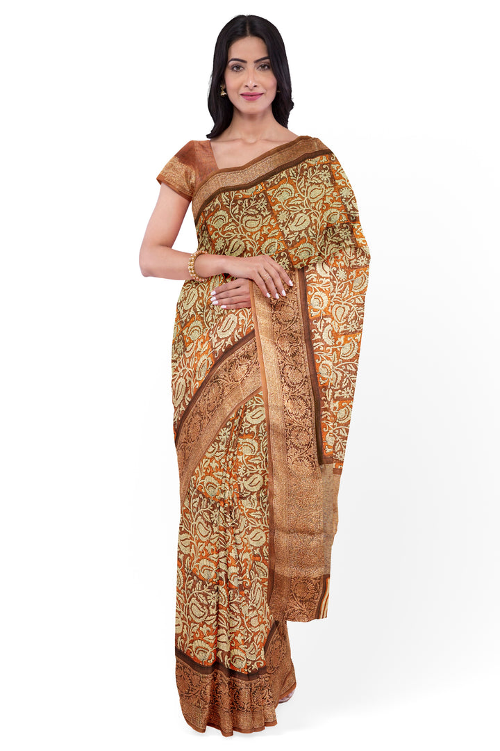 BROWN BLENDED CHANDERI COTTON BLOCK PRINT BANARASI HANDLOOM SAREE