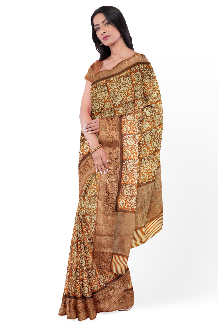 BROWN BLENDED CHANDERI COTTON BLOCK PRINT BANARASI HANDLOOM SAREE