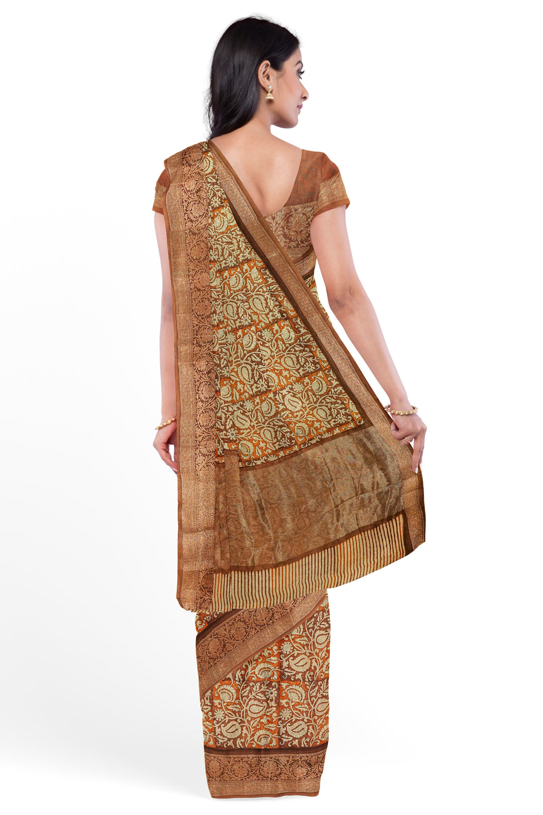 BROWN BLENDED CHANDERI COTTON BLOCK PRINT BANARASI HANDLOOM SAREE