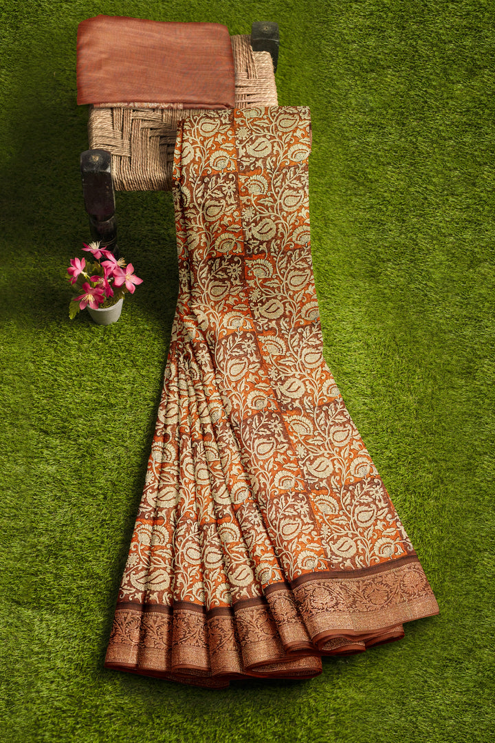 BROWN BLENDED CHANDERI COTTON BLOCK PRINT BANARASI HANDLOOM SAREE