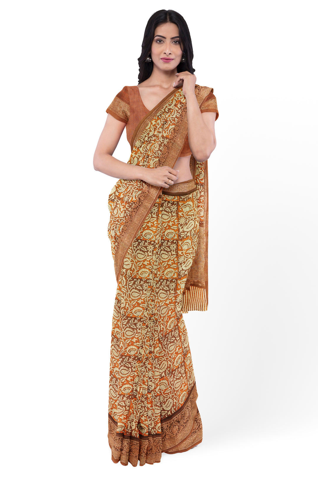 BROWN BLENDED CHANDERI COTTON BLOCK PRINT BANARASI HANDLOOM SAREE