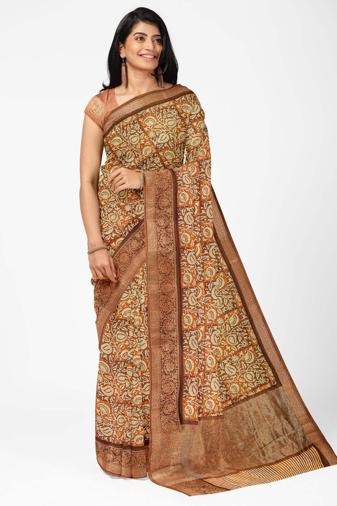 BROWN BLENDED CHANDERI COTTON BLOCK PRINT BANARASI HANDLOOM SAREE