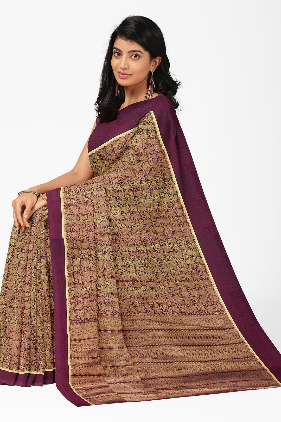 Brown Pure Mysore Silk Crushed Crepe Saree | SILK MARK CERTIFIED