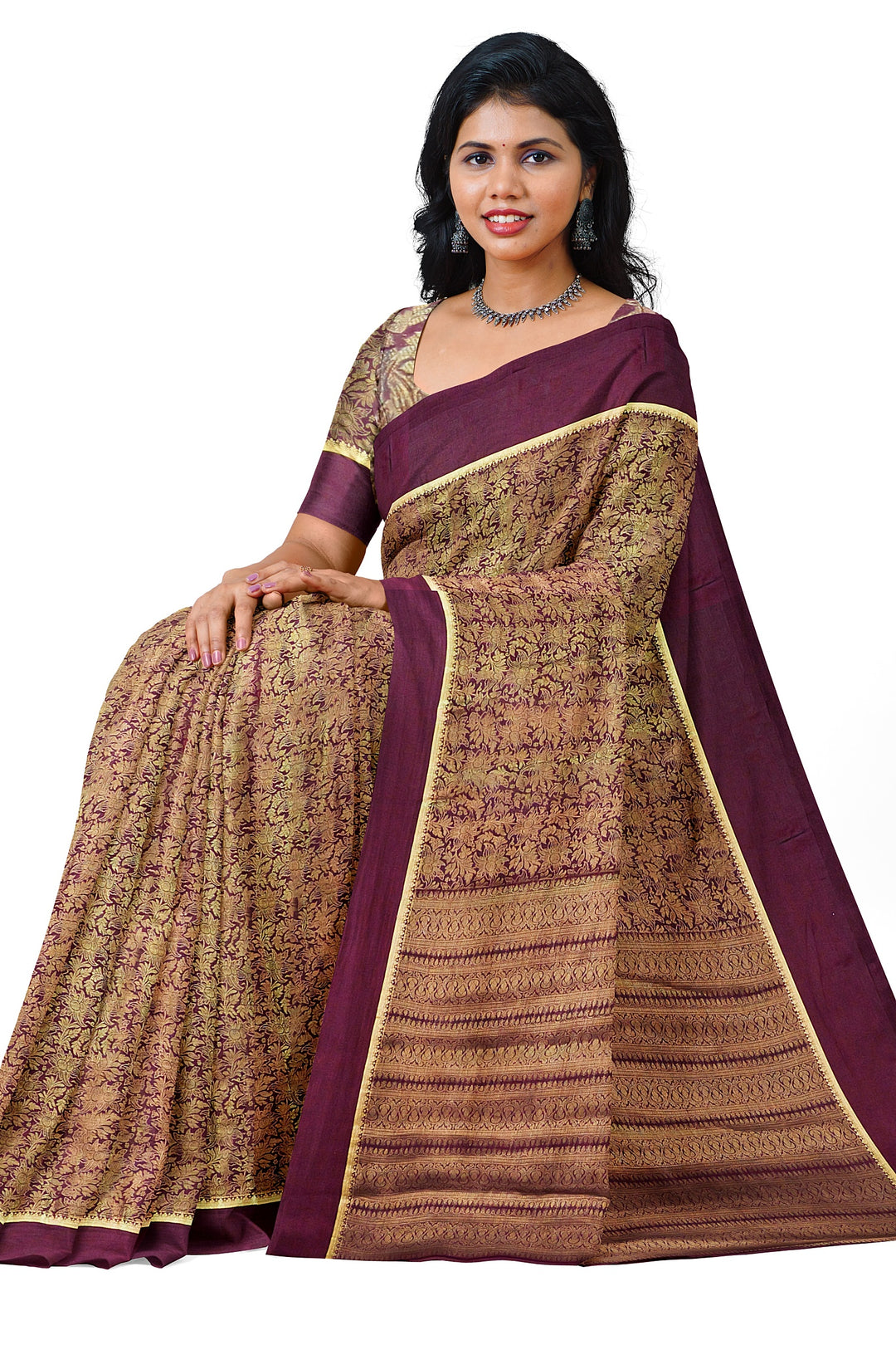 Brown Pure Mysore Silk Crushed Crepe Saree | SILK MARK CERTIFIED