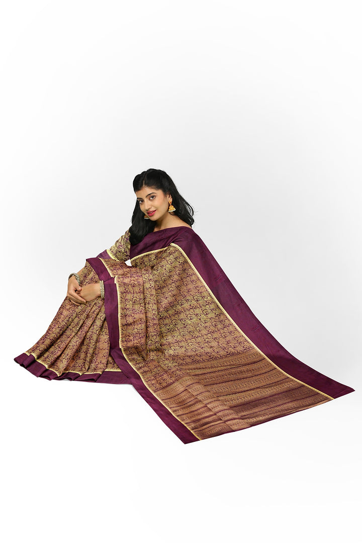 Brown Pure Mysore Silk Crushed Crepe Saree | SILK MARK CERTIFIED