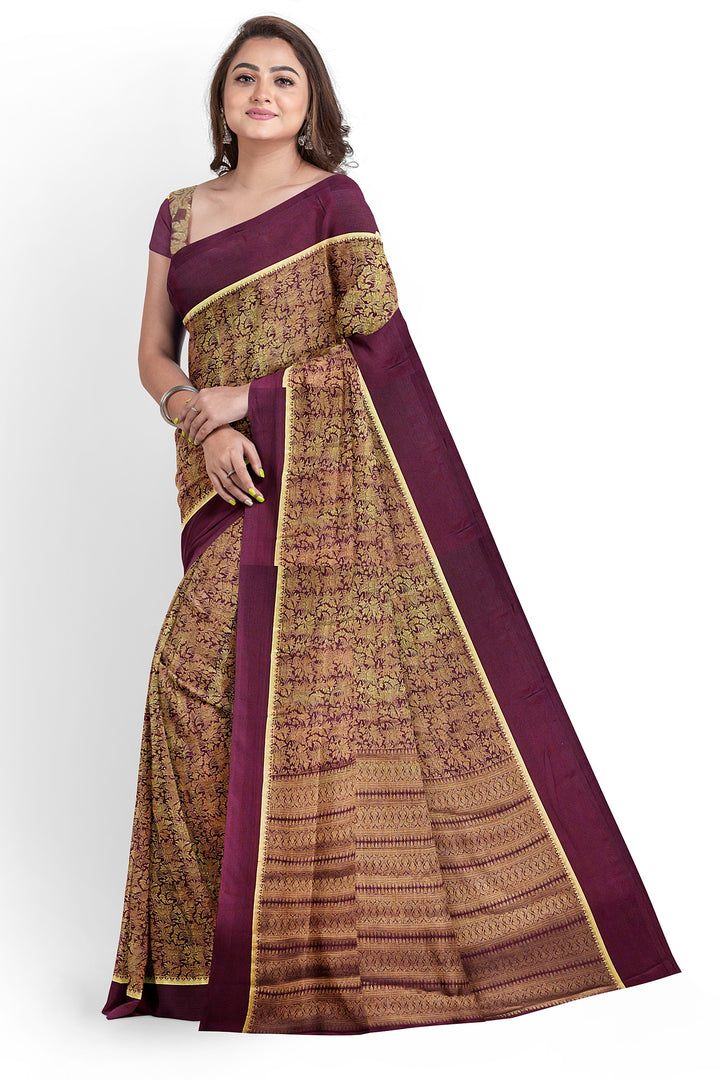 Brown Pure Mysore Silk Crushed Crepe Saree | SILK MARK CERTIFIED