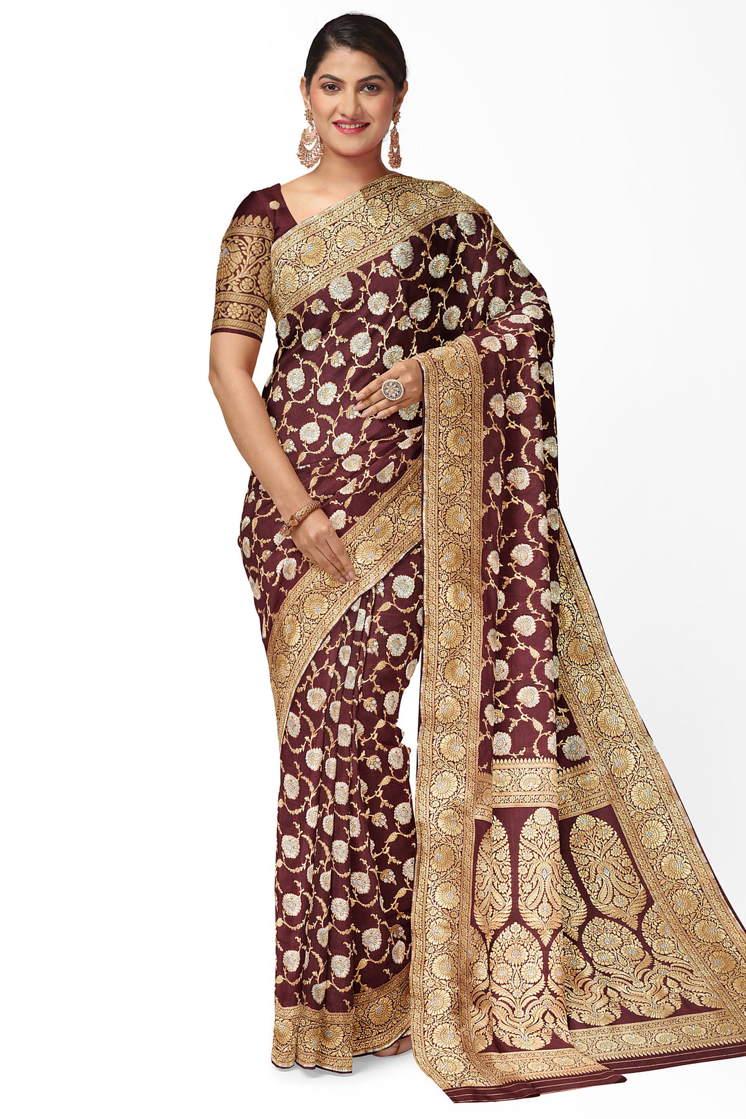 BROWN BANARASI BLENDED KATAN SILK WITH JAAL WORK HANDLOOM SAREE - ATHARVA