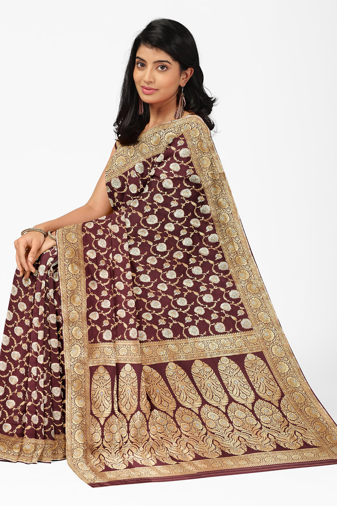 BROWN BANARASI BLENDED KATAN SILK WITH JAAL WORK HANDLOOM SAREE