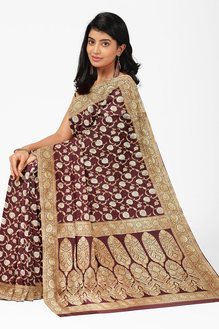 BROWN BANARASI BLENDED KATAN SILK WITH JAAL WORK HANDLOOM SAREE - ATHARVA