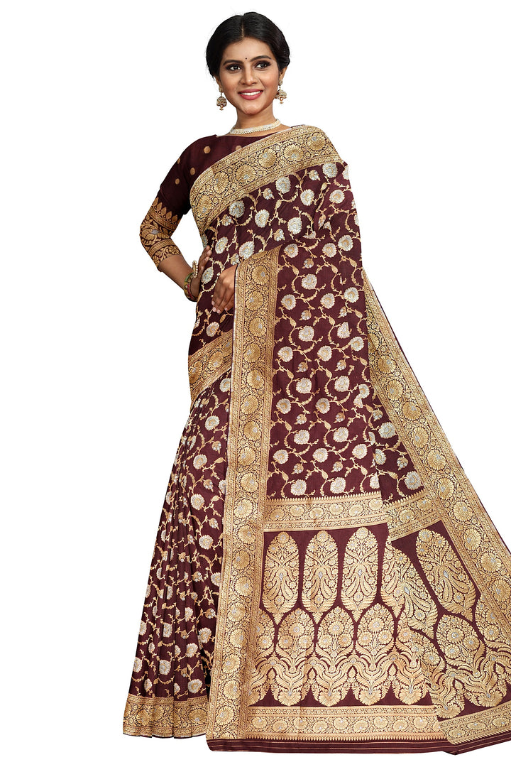 BROWN BANARASI BLENDED KATAN SILK WITH JAAL WORK HANDLOOM SAREE - ATHARVA