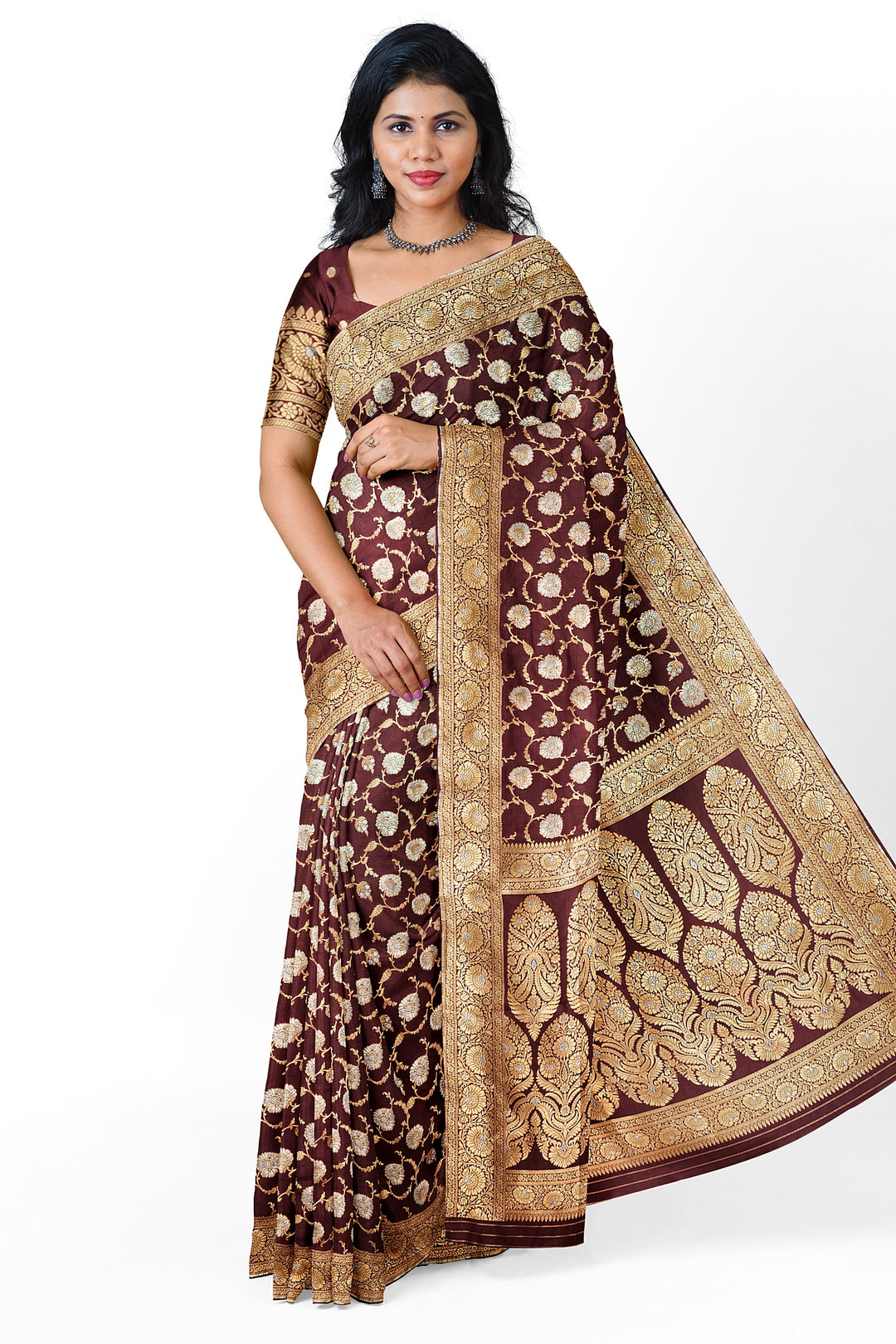 BROWN BANARASI BLENDED KATAN SILK WITH JAAL WORK HANDLOOM SAREE - ATHARVA