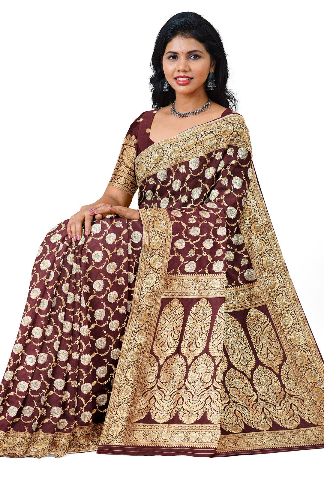 BROWN BANARASI BLENDED KATAN SILK WITH JAAL WORK HANDLOOM SAREE - ATHARVA