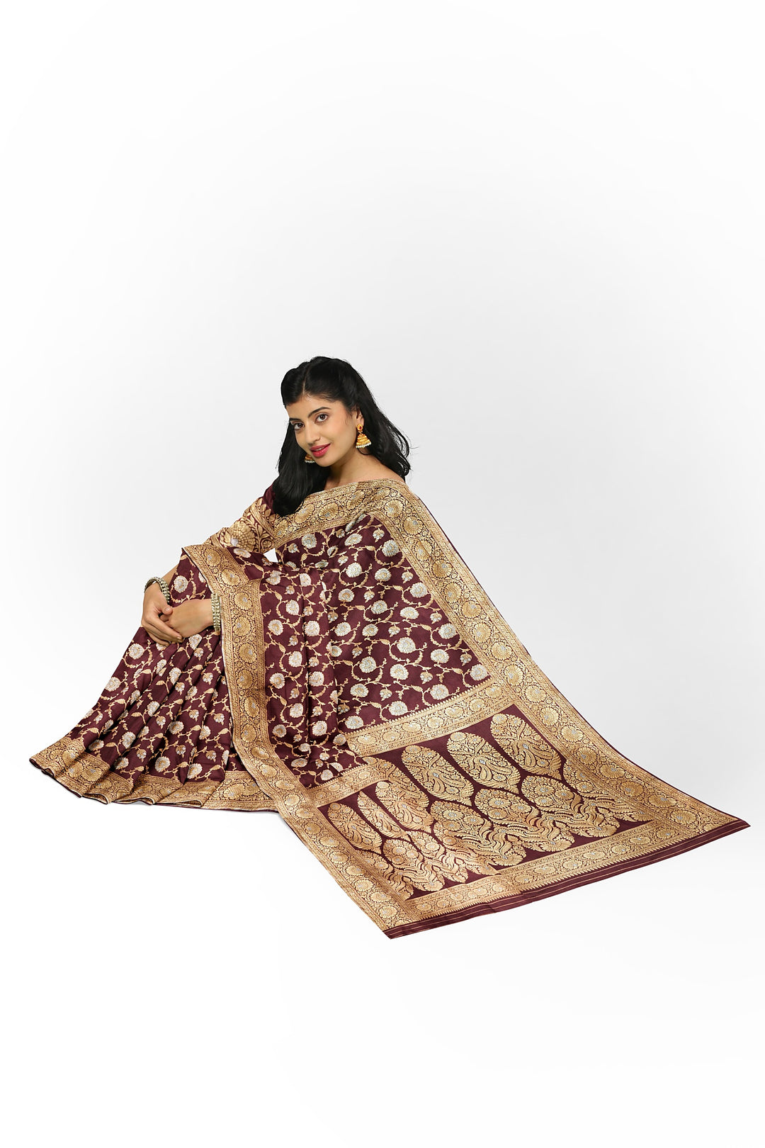 BROWN BANARASI BLENDED KATAN SILK WITH JAAL WORK HANDLOOM SAREE - ATHARVA