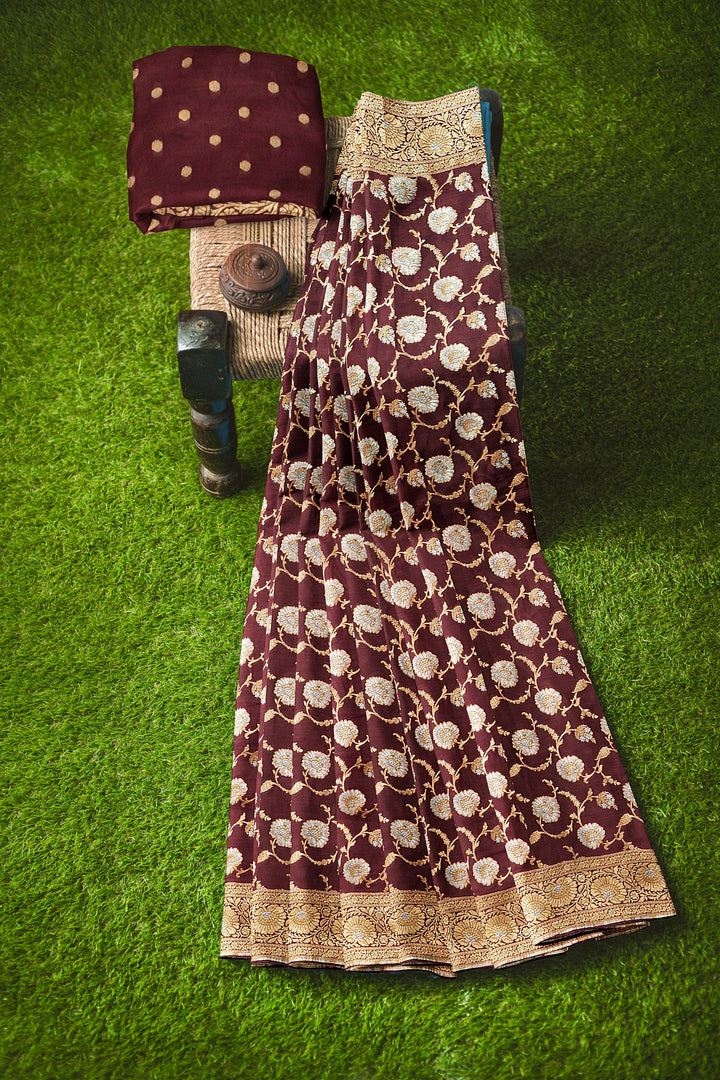 BROWN BANARASI BLENDED KATAN SILK WITH JAAL WORK HANDLOOM SAREE - ATHARVA