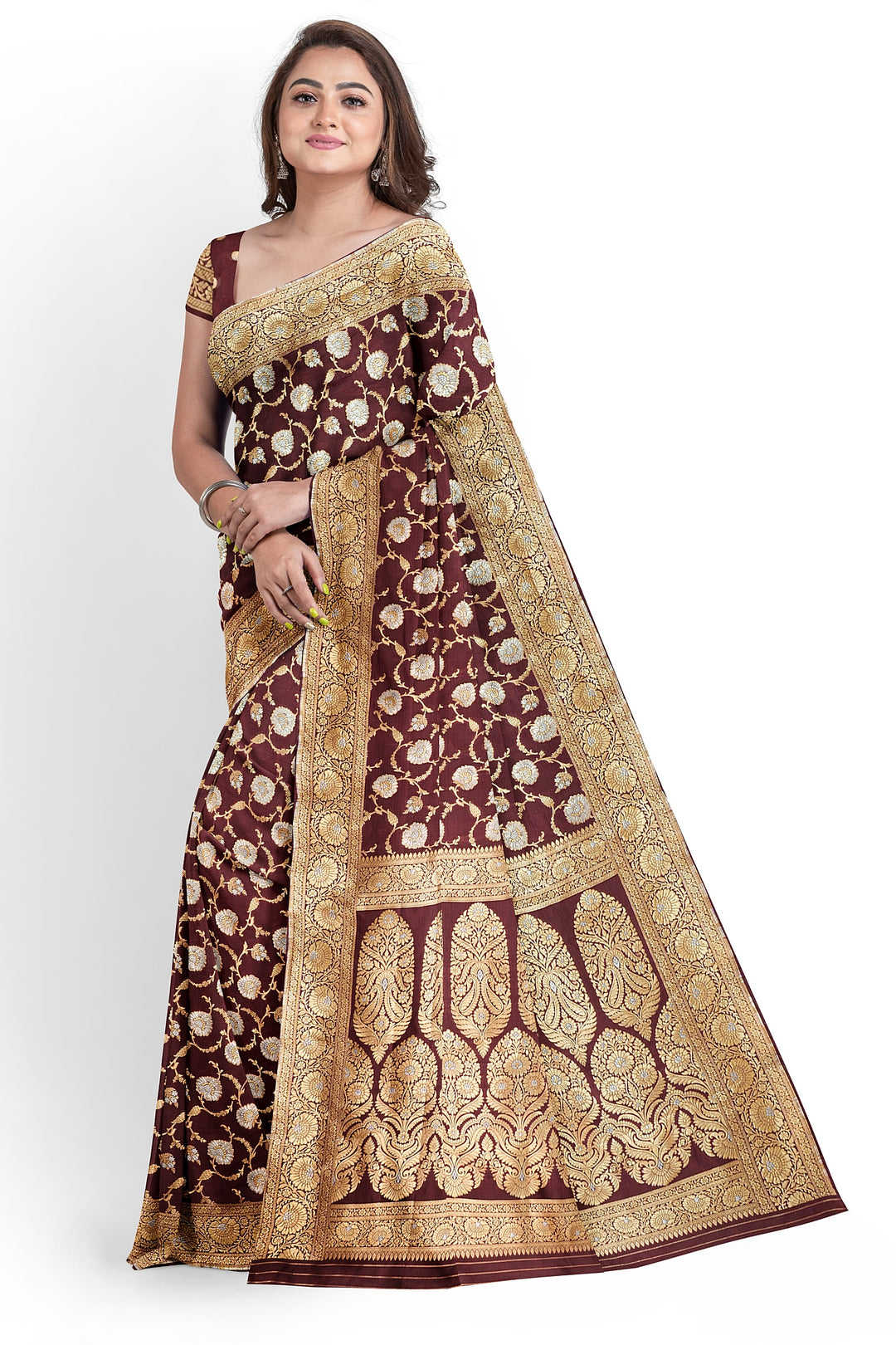 BROWN BANARASI BLENDED KATAN SILK WITH JAAL WORK HANDLOOM SAREE