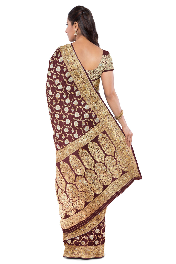 BROWN BANARASI BLENDED KATAN SILK WITH JAAL WORK HANDLOOM SAREE - ATHARVA