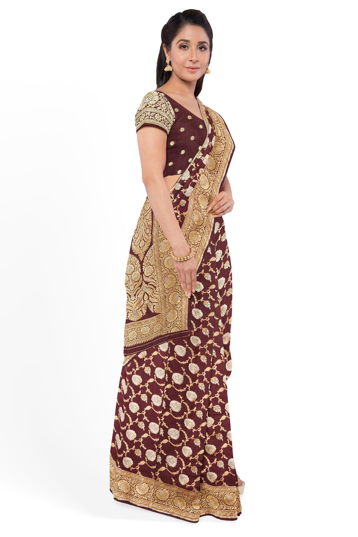 BROWN BANARASI BLENDED KATAN SILK WITH JAAL WORK HANDLOOM SAREE