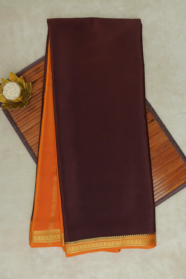 Brown Mysore Silk Saree with Orange Border and Gold Zari