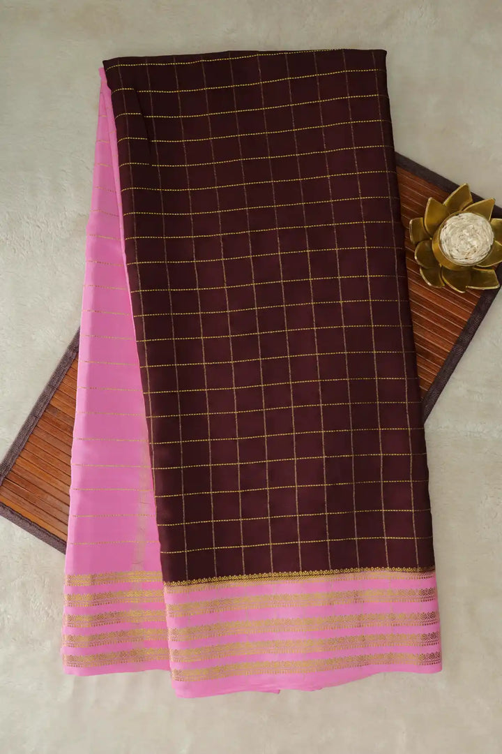 Brown Mysore Silk Saree with Pink Gold Border