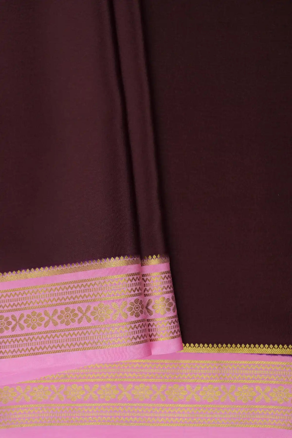 Brown Mysore silk saree with contrast pink border