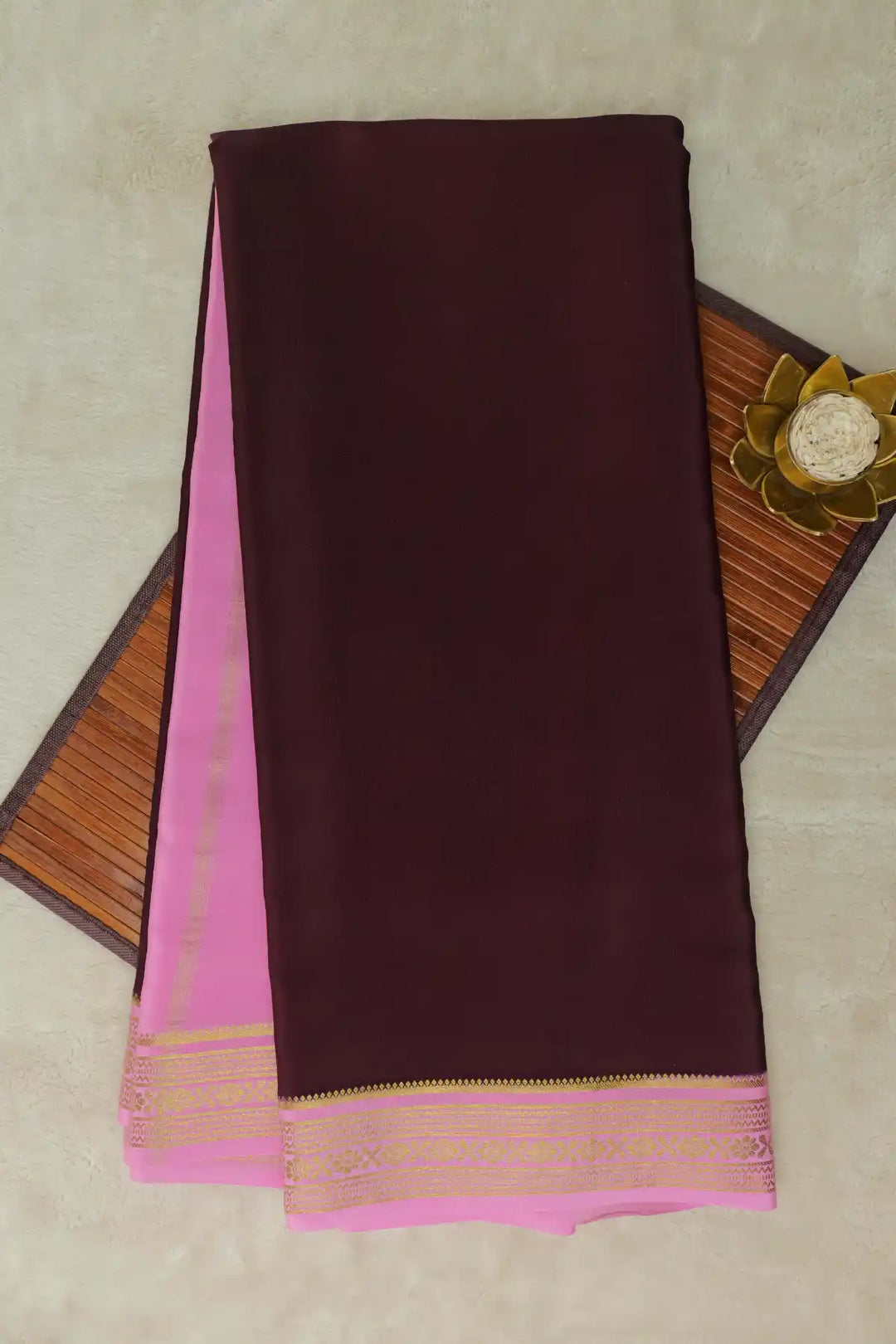 Brown Mysore silk saree with pink border