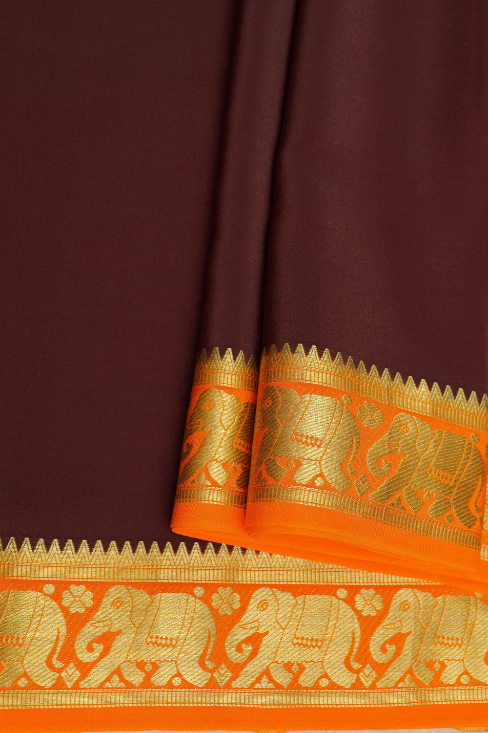 Brown and orange Elephant bordered Mysore silk saree