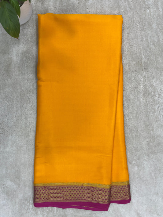 Pure crepe Mysore silk saree plain in Yellow with Pink contrast Blouse