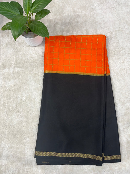 Pure CSR Zari Mysore Silk Saree Between Checks Pattern Orange With Black Contrast Color Blouse