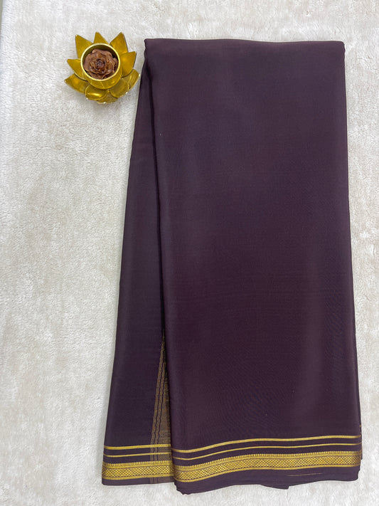Two Line One Inch Border in Gold Lace Mysore silk saree In Self Dark Brown Color
