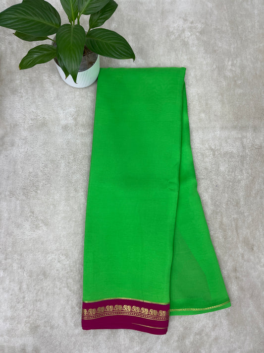 Pure Zari Mysore Silk Saree Elephant Border In Parrot Green With Wine Contrast Color Blouse