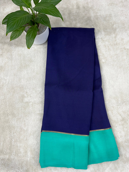 Pure Zari Mysore Silk Saree Bentex Border In Navy blue With Teal Blue Contrast Color