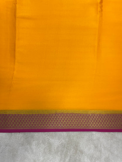 Pure crepe Mysore silk saree plain in Yellow with Pink contrast Blouse