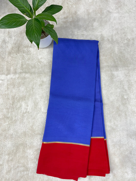 Pure Zari Mysore Silk Saree Bentex Border In Blue With Red Contrast Color