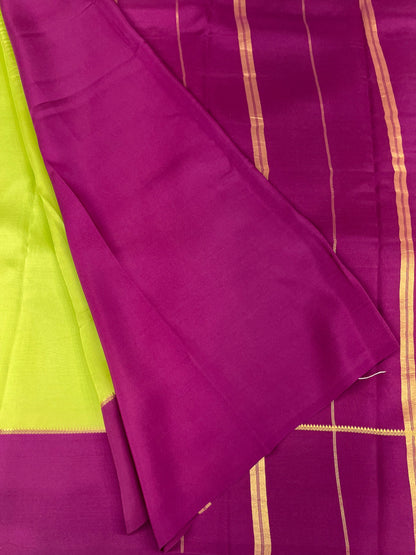 Pure Zari Mysore Silk Saree Bentex Border In Pista Green With Dark Pink Contrast Color