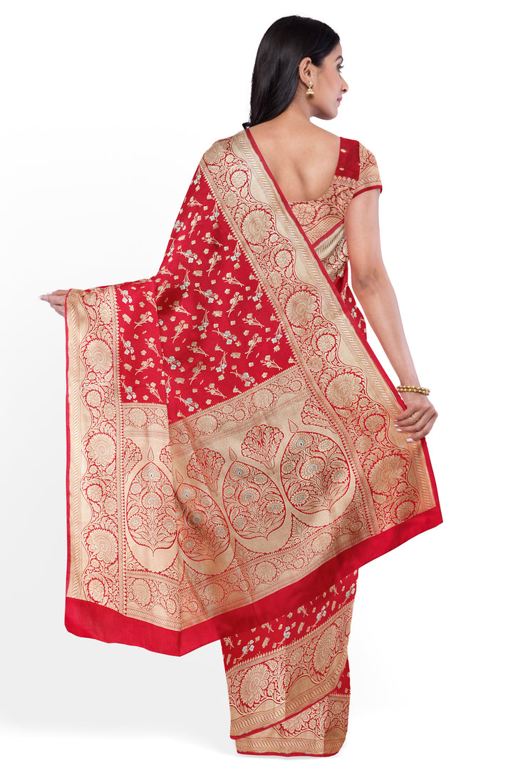 RED BANARASI BLENDED KATAN SILK HANDLOOM SAREE - ATHARVA