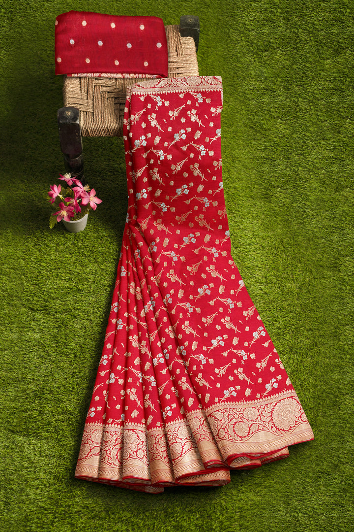 RED BANARASI BLENDED KATAN SILK HANDLOOM SAREE - ATHARVA