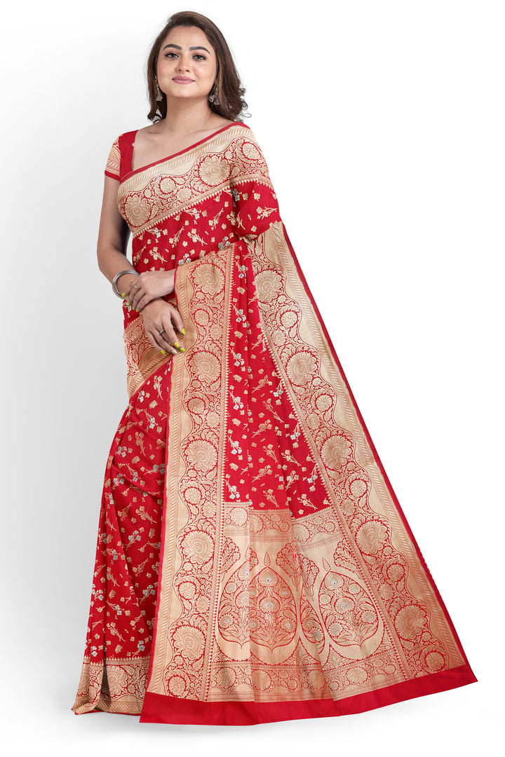 RED BANARASI BLENDED KATAN SILK HANDLOOM SAREE - ATHARVA