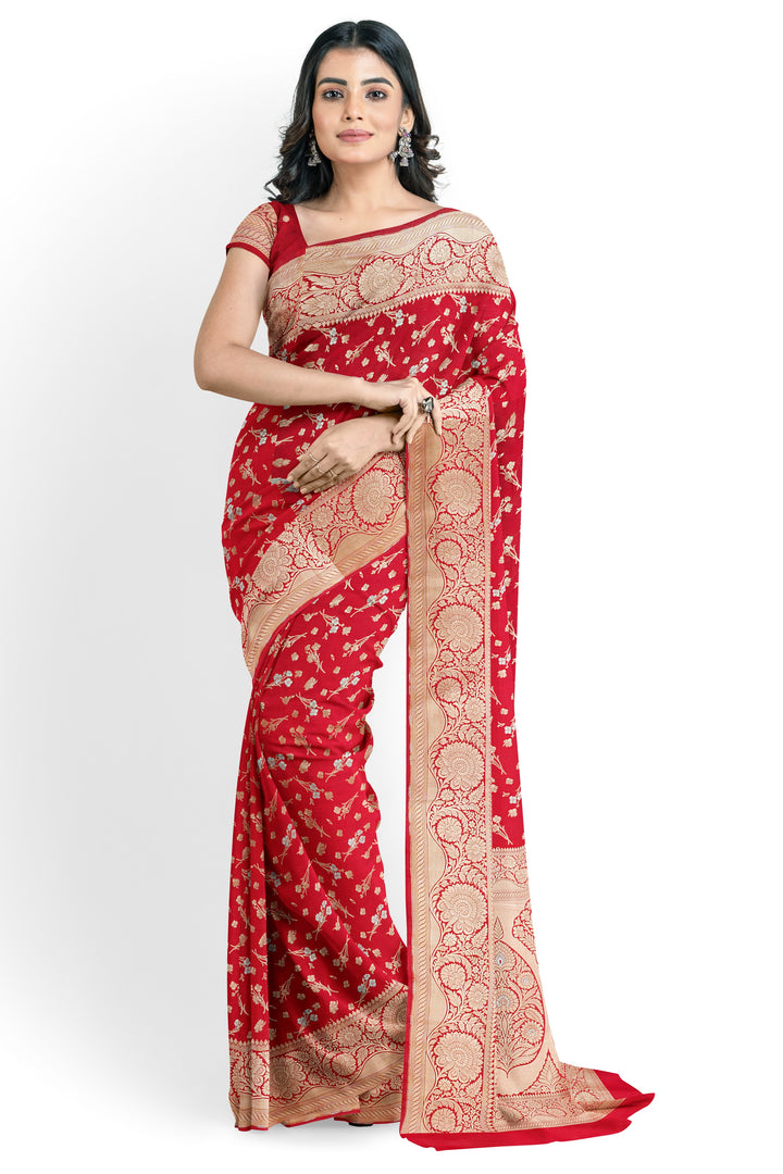 RED BANARASI BLENDED KATAN SILK HANDLOOM SAREE - ATHARVA