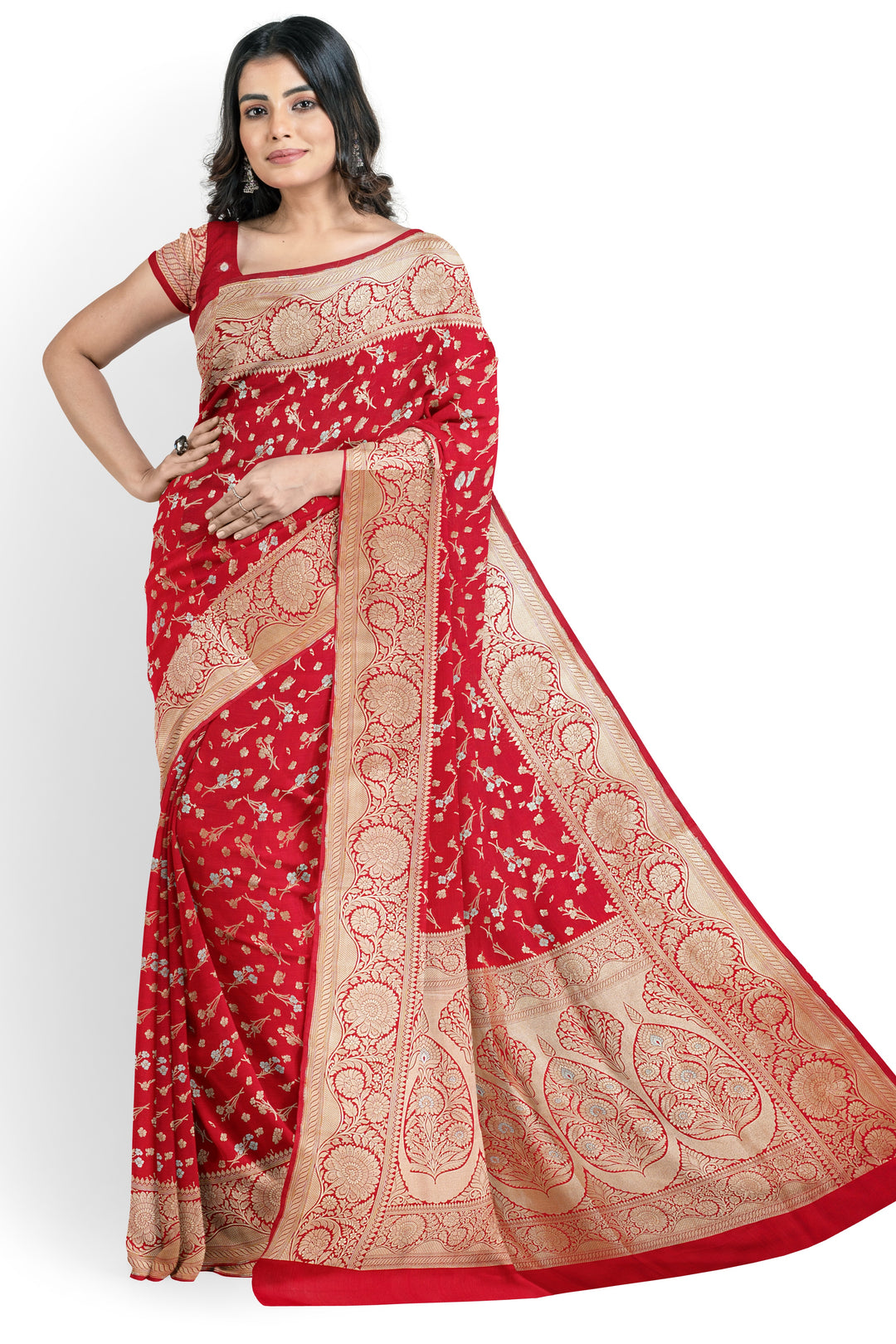 RED BANARASI BLENDED KATAN SILK HANDLOOM SAREE - ATHARVA