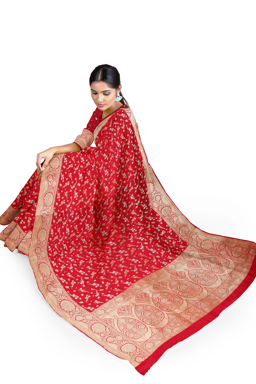 RED BANARASI BLENDED KATAN SILK HANDLOOM SAREE - ATHARVA