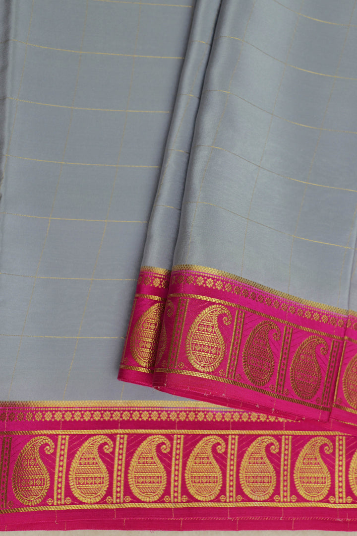 Checked gray Mysore silk saree with pink and gold border
