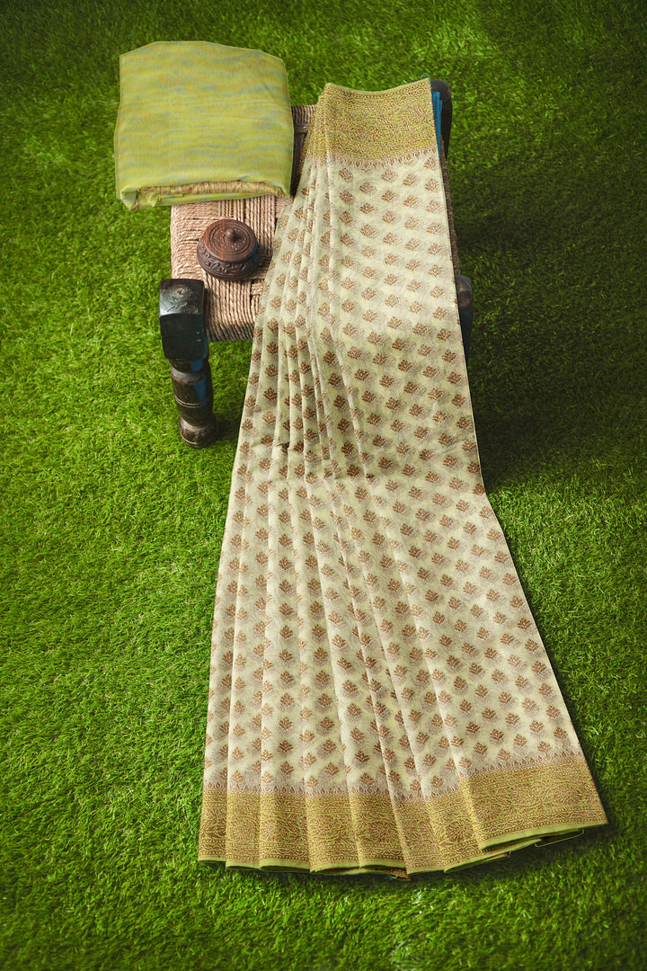 LIGHT GREEN COLOUR BLENDED GEORGETTE BANARASI HANDLOOM SAREE