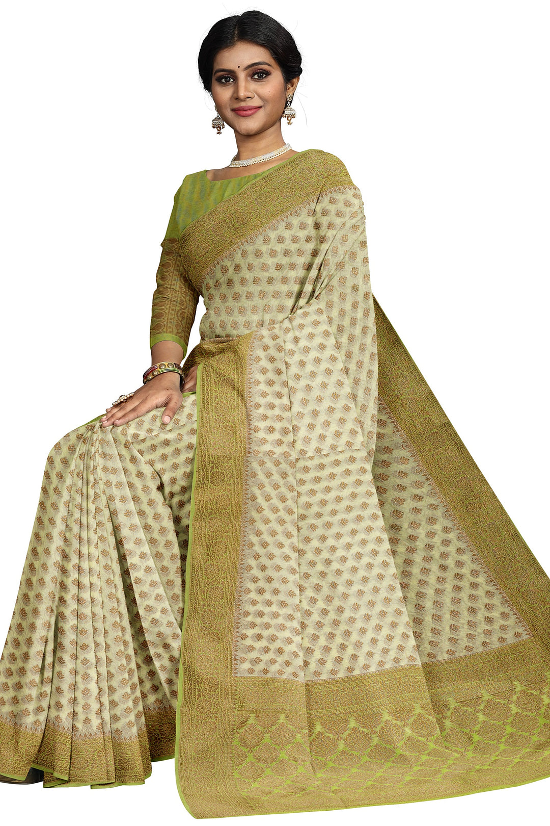 LIGHT GREEN COLOUR BLENDED GEORGETTE BANARASI HANDLOOM SAREE