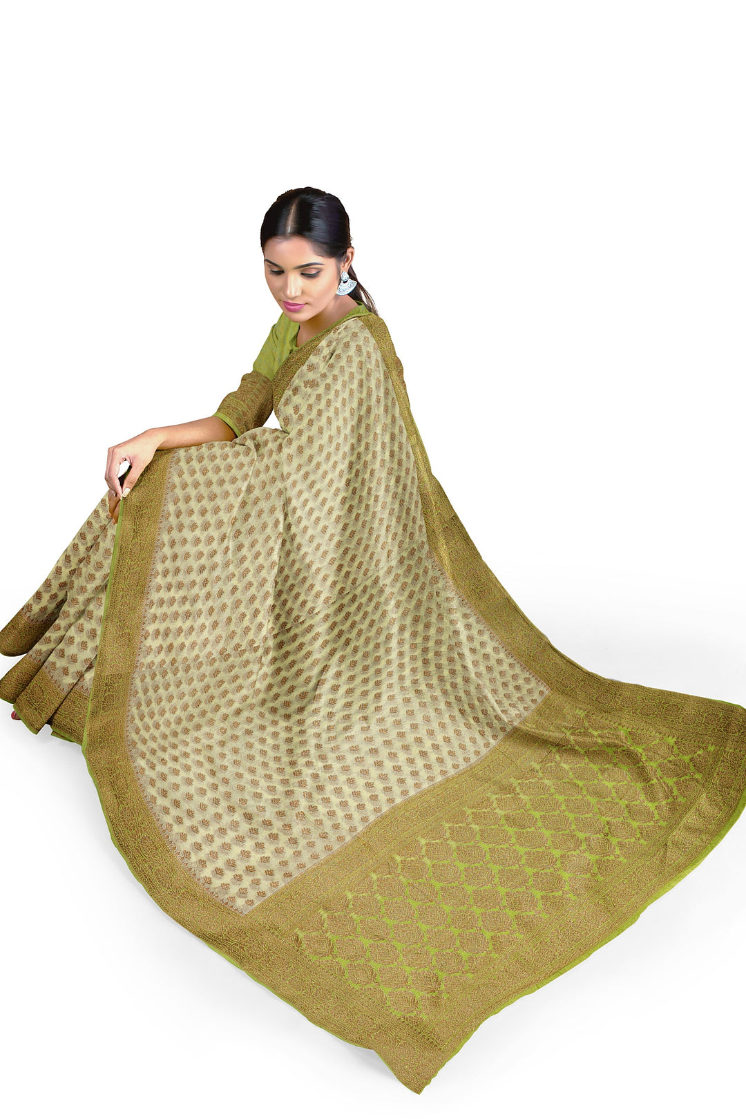 LIGHT GREEN COLOUR BLENDED GEORGETTE BANARASI HANDLOOM SAREE