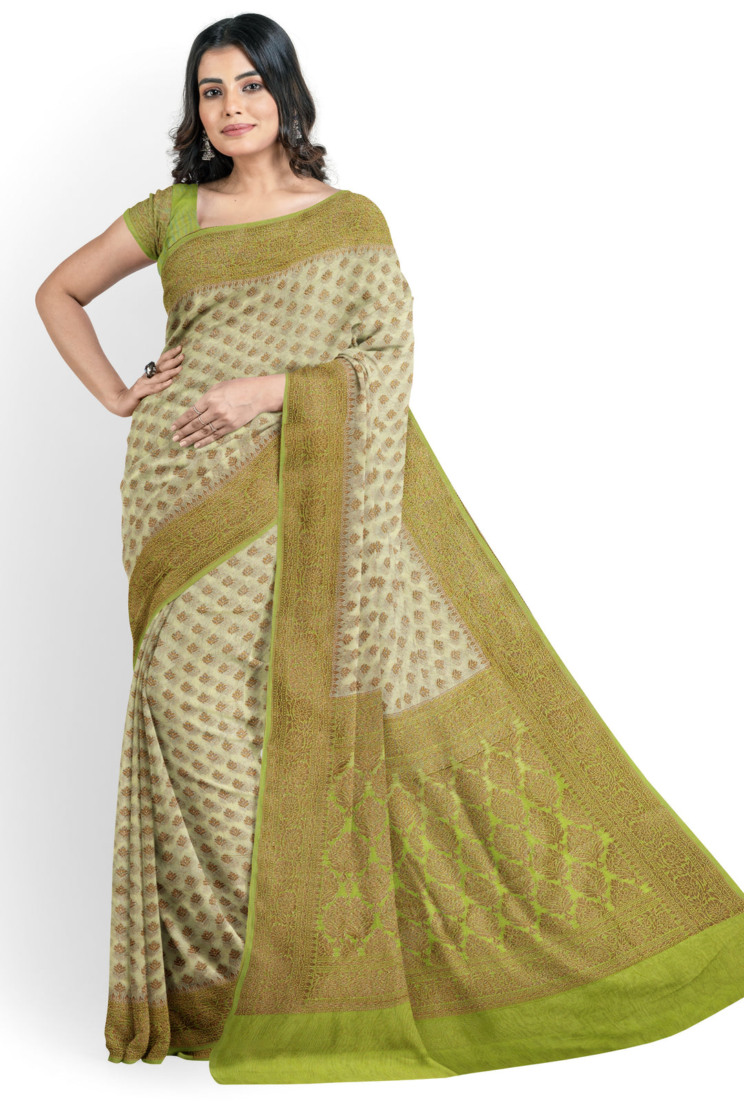 LIGHT GREEN COLOUR BLENDED GEORGETTE BANARASI HANDLOOM SAREE