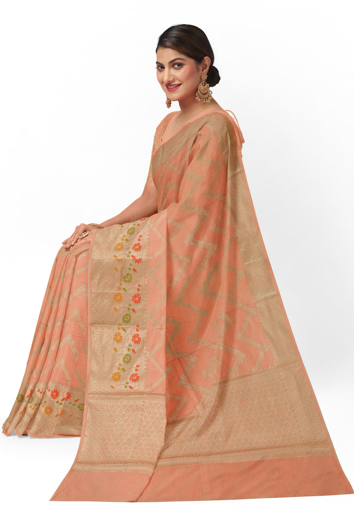 PEACHISH COLOUR BLENDED BANARASI KATAN SONA RUPA ZARI HANDLOOM SAREE