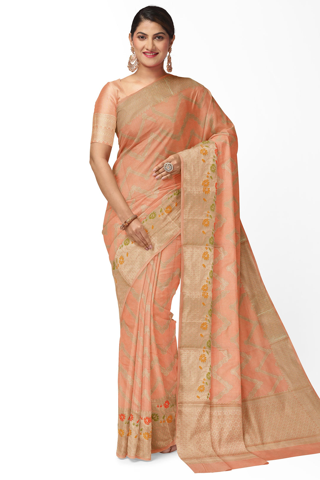 PEACHISH COLOUR BLENDED BANARASI KATAN SONA RUPA ZARI HANDLOOM SAREE