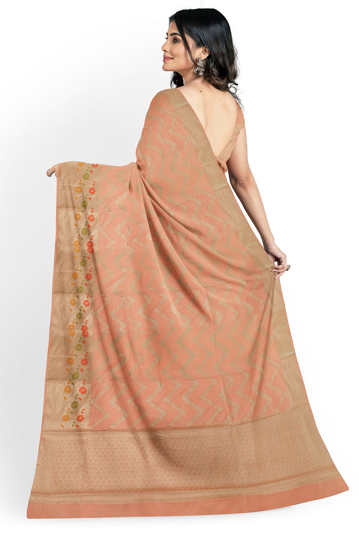 PEACHISH COLOUR BLENDED BANARASI KATAN SONA RUPA ZARI HANDLOOM SAREE